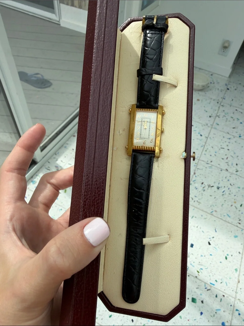 Fossil Gold-Tone Rectangular Womens Watch with Black Leather Strap